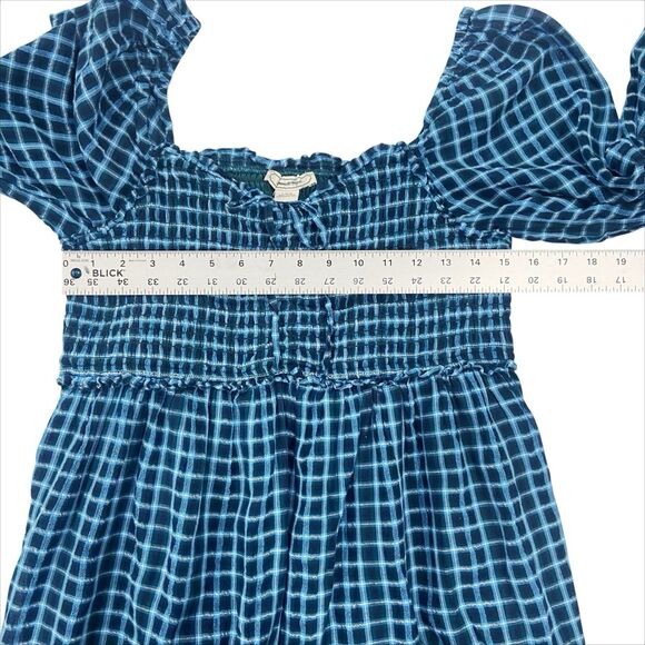 American Eagle Blue Smocked Plaid Babydoll Mini Dress Women’s Large Academia - Picture 11 of 12